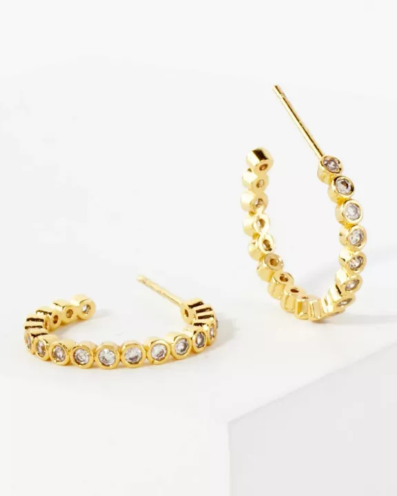 Bezel-Set CZ 15mm 14K-Gold-Dipped Brass Push-Back Small Hoop Earrings