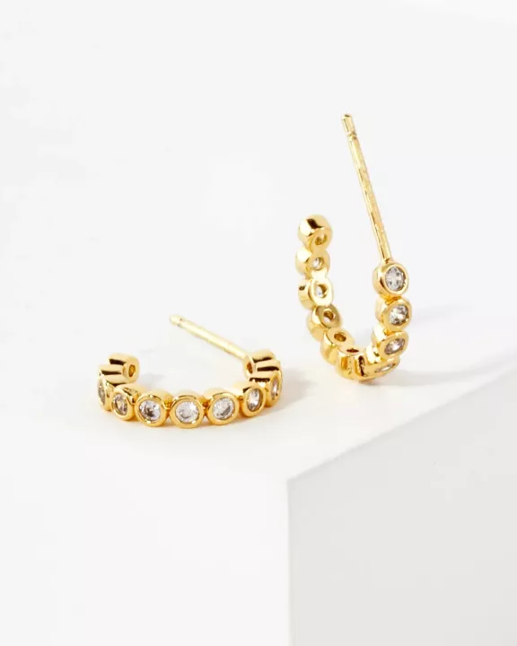 Bezel-Set CZ 10mm 14K-Gold-Dipped Brass Open Huggie Hoop Earrings