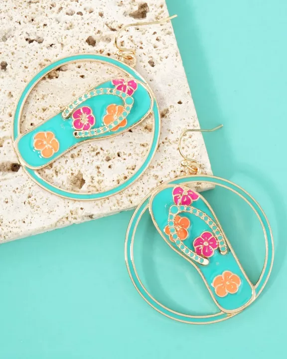 Hawaiian Flower Flip-Flops Circle Drop Statement Earrings