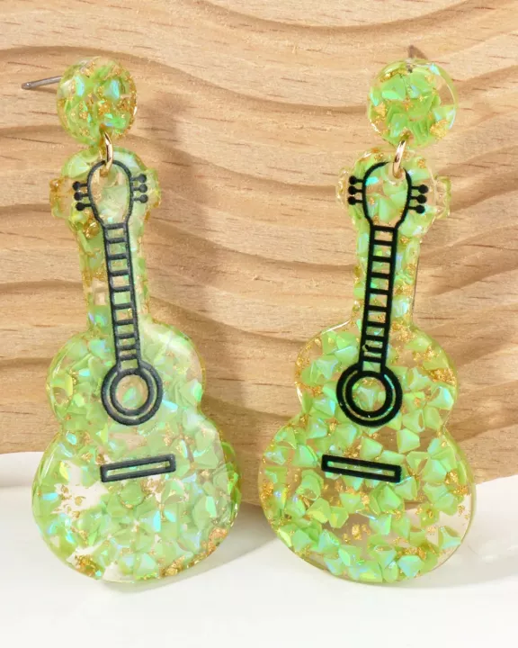 Music-Inspired Glitter Guitar Drop Statement Earrings