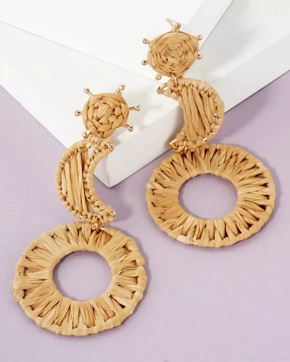 Boho 4-Inch Raffia Rattan Circle Moon Sun Drop Earthy Energy Statement Earrings