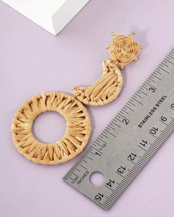 Boho 4-Inch Raffia Rattan Circle Moon Sun Drop Earthy Energy Statement Earrings