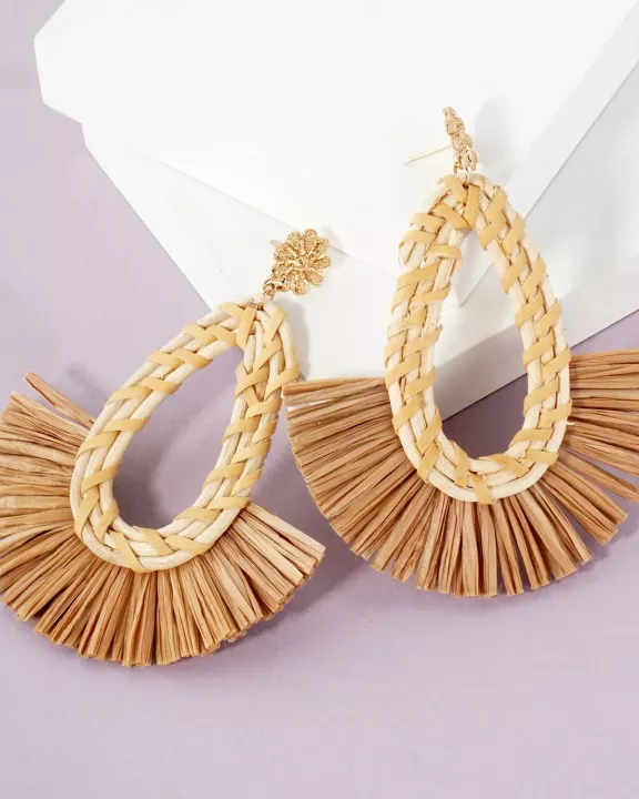 Boho 4-Inch Raffia Rattan Teardrop Fan Tassel Statement Earrings