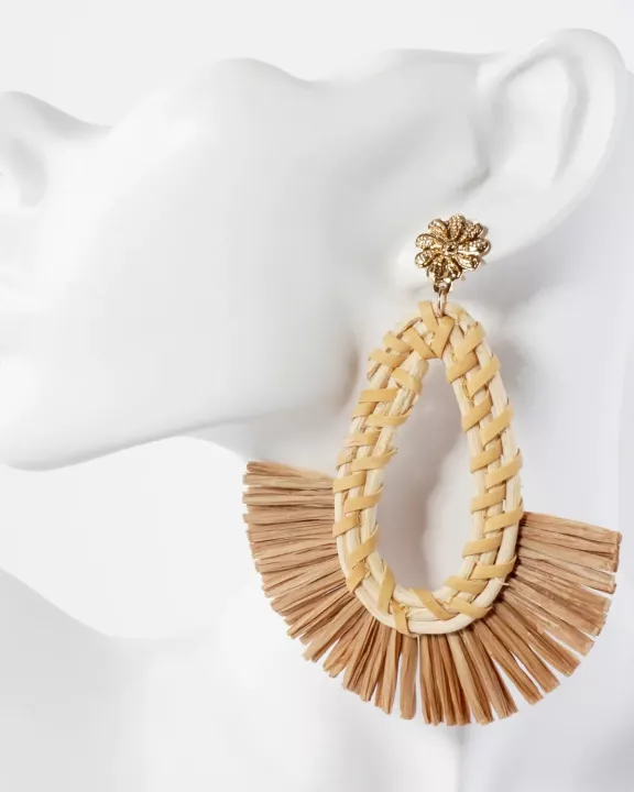 Boho 4-Inch Raffia Rattan Teardrop Fan Tassel Statement Earrings