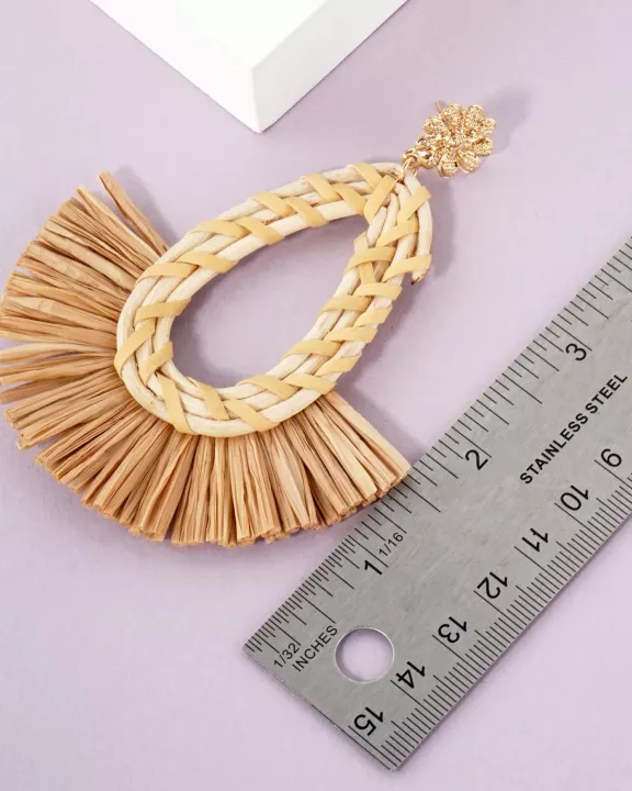 Boho 4-Inch Raffia Rattan Teardrop Fan Tassel Statement Earrings