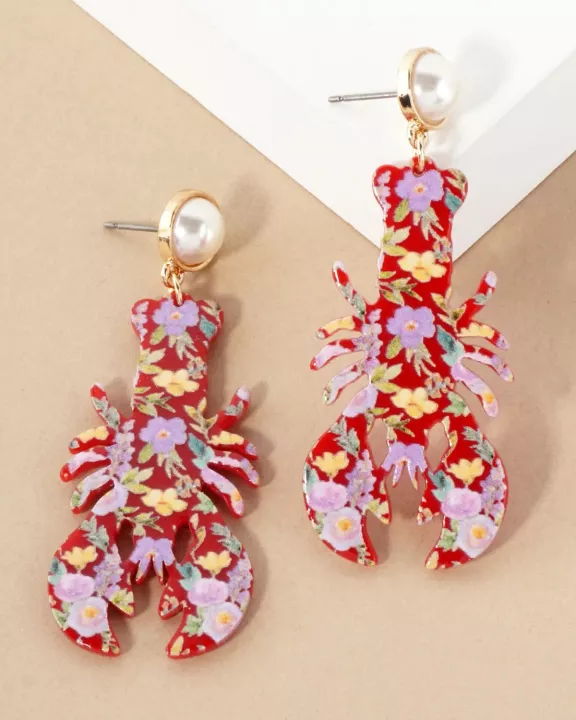 Floral Pattern Acetate Lobster Drop Pearl Post Sea-Life Statement Earrings