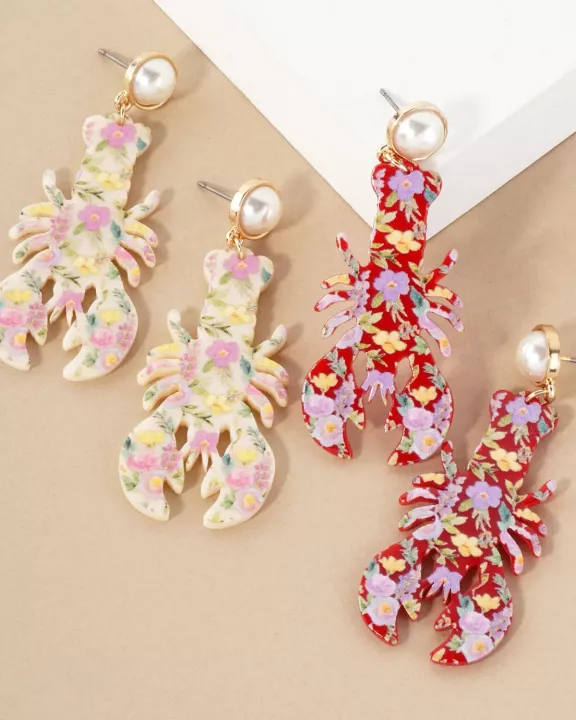 Floral Pattern Acetate Lobster Drop Pearl Post Sea-Life Statement Earrings