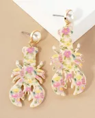 Floral Pattern Acetate Lobster Drop Pearl Post Sea-Life Statement Earrings