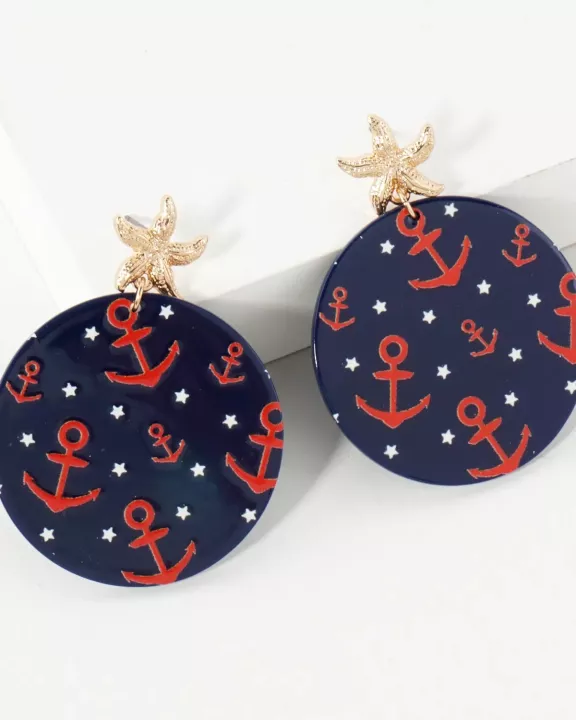 Nautical-Theme Anchor Pattern Circle Drop Starfish Post Statement Earrings
