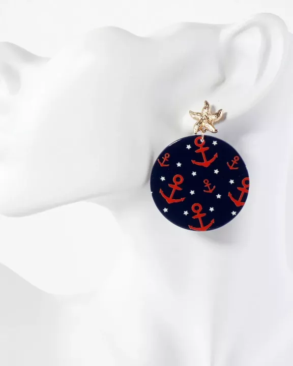 Nautical-Theme Anchor Pattern Circle Drop Starfish Post Statement Earrings