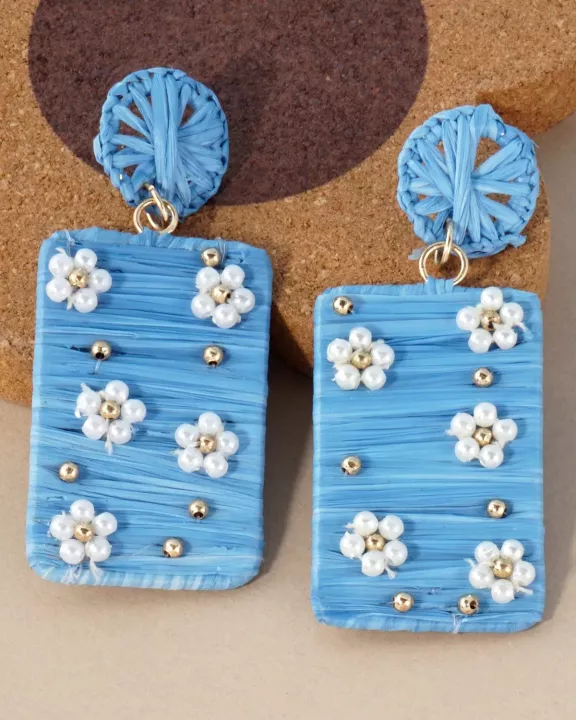 Flower Pearl-Beaded Raffia Wrapped Rectangle Drop Statement Earrings