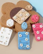 Flower Pearl-Beaded Raffia Wrapped Rectangle Drop Statement Earrings