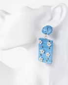Flower Pearl-Beaded Raffia Wrapped Rectangle Drop Statement Earrings
