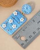 Flower Pearl-Beaded Raffia Wrapped Rectangle Drop Statement Earrings