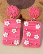 Flower Pearl-Beaded Raffia Wrapped Rectangle Drop Statement Earrings
