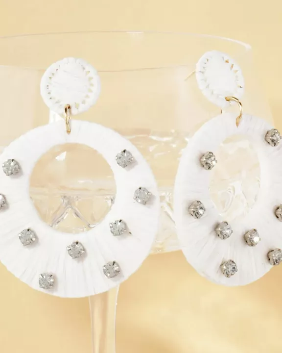 Raffia Wrapped Crystal-Studded Circle Drop Statement Earrings