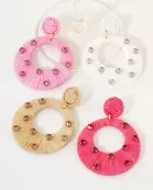 Raffia Wrapped Crystal-Studded Circle Drop Statement Earrings