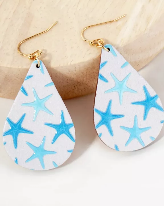 Sea-Life Starfish Printed Wood Teardrop Dangle Earrings