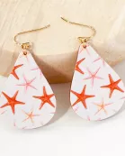Sea-Life Starfish Printed Wood Teardrop Dangle Earrings