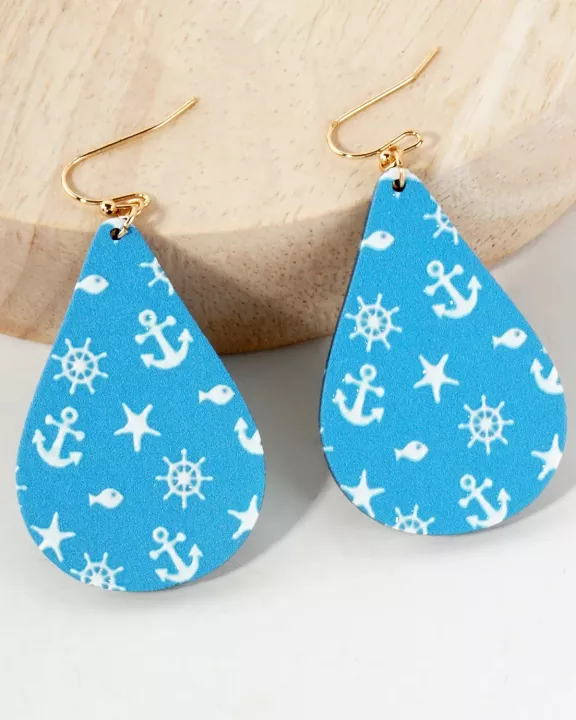 Nautical-Theme Printed Wood Teardrop Dangle Earrings