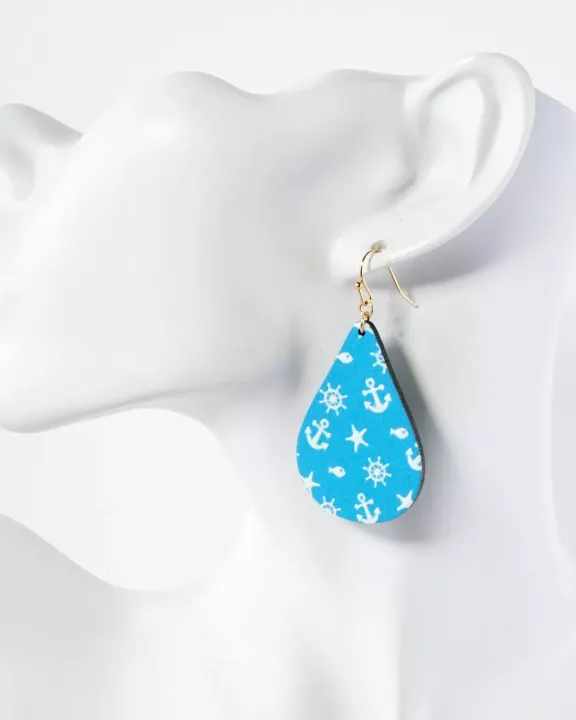 Nautical-Theme Printed Wood Teardrop Dangle Earrings