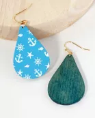 Nautical-Theme Printed Wood Teardrop Dangle Earrings