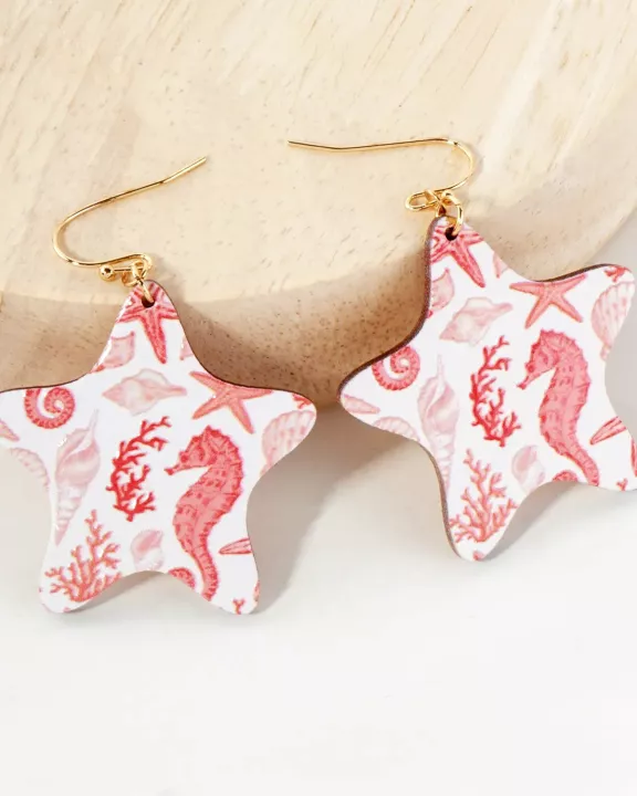 Sea-Life Printed Wood Star Dangle Earrings