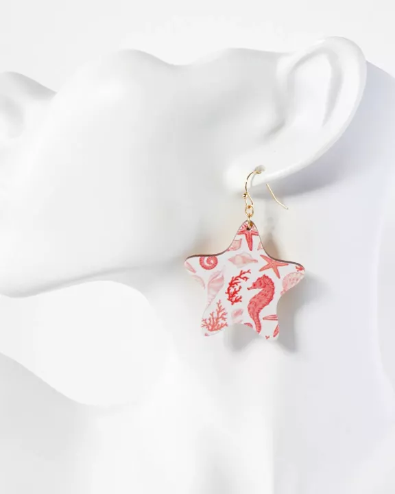 Sea-Life Printed Wood Star Dangle Earrings
