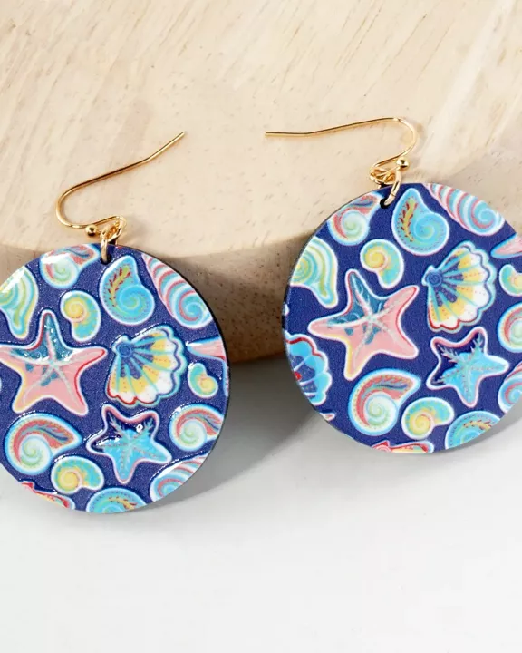 Sea-Life Printed Wood Circle Dangle Earrings