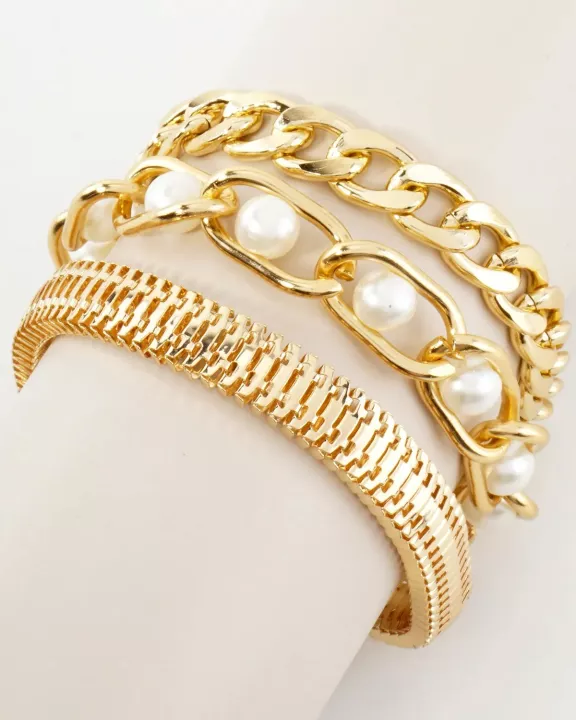 3PC-Set Polished Metal Pearl-Beaded Chain Bracelet