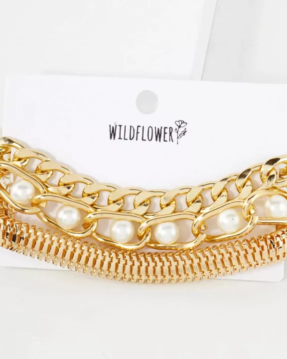 3PC-Set Polished Metal Pearl-Beaded Chain Bracelet