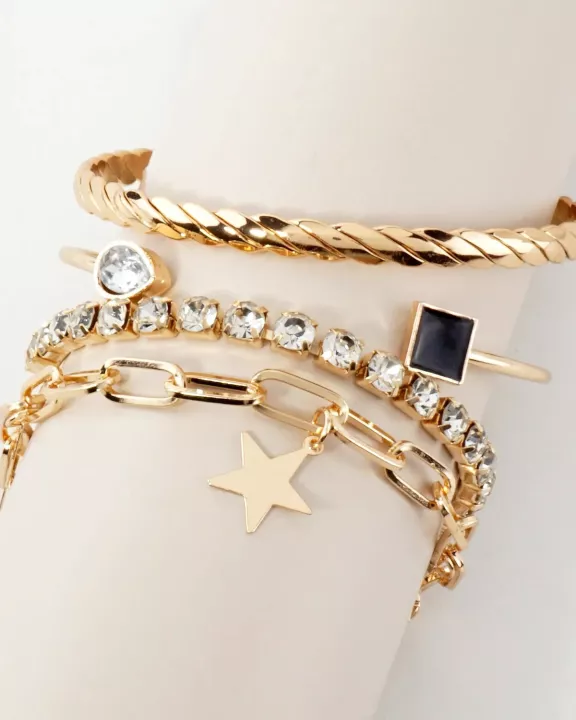 4PC-Set Polished Metal Brushed-Texture Star Charm Chain Tennis Open Cuff Bracelet