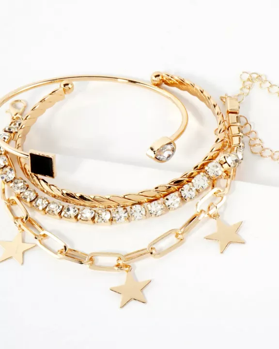 4PC-Set Polished Metal Brushed-Texture Star Charm Chain Tennis Open Cuff Bracelet