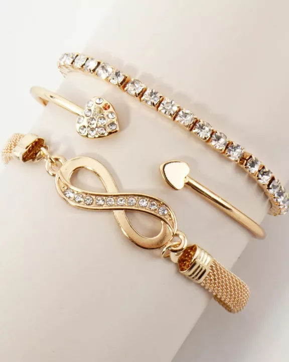 3PC-Set Crystal-Pave Infinity Heart Arrow Stretch Rhinestone Tennis Bracelet