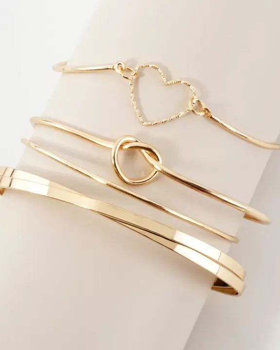 4PC-Set Polished Metal Love-Knot Heart Open Cuff Bracelet