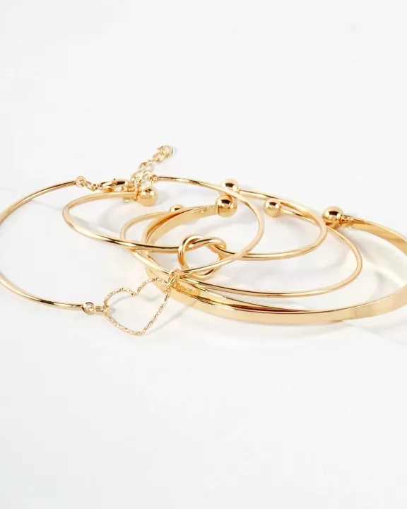 4PC-Set Polished Metal Love-Knot Heart Open Cuff Bracelet