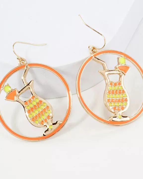 Summer Vibes Enamel Circle Cocktail Glass Dangle Earrings