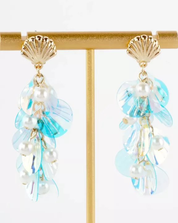 AB Sequin Pearl Cluster Drop Seashell Sea-Life Dangle Earrings