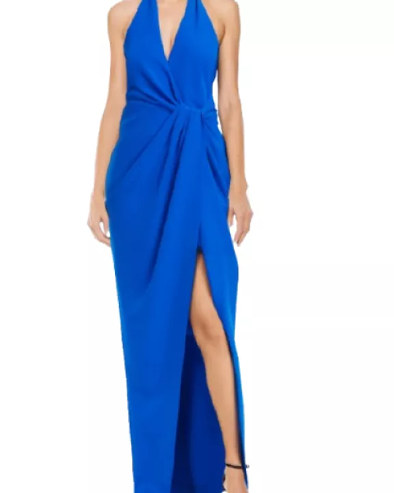 Badgley Mischka Halter Neckline Open Back Waist Line Bonnie Tie High Slit Gown Dress