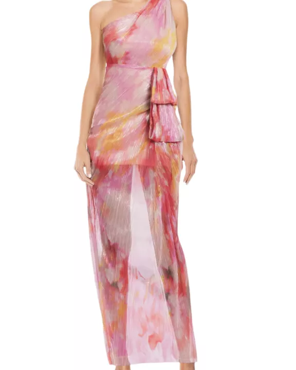 Badgley Mischka Debbie One-Shoulder Side Zipper Draping Side Waist Fold Sheer Skirt Gown Dress