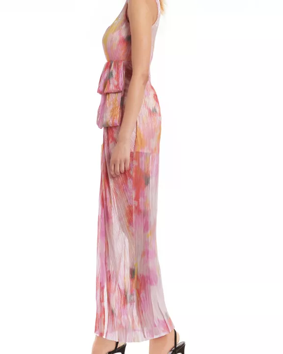 Badgley Mischka Debbie One-Shoulder Side Zipper Draping Side Waist Fold Sheer Skirt Gown Dress