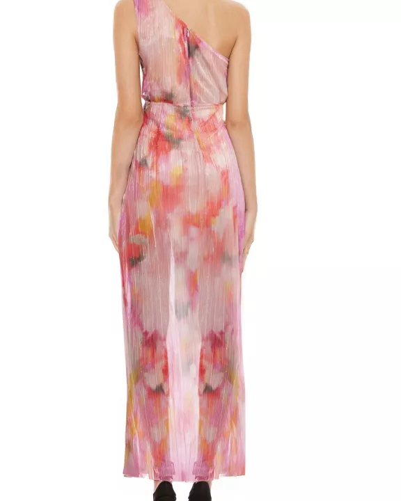 Badgley Mischka Debbie One-Shoulder Side Zipper Draping Side Waist Fold Sheer Skirt Gown Dress