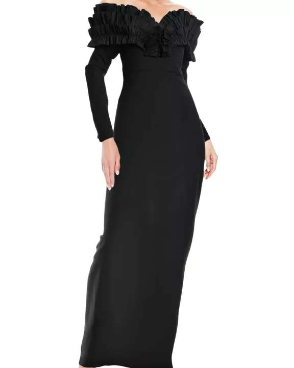 One 33 Social Off-The-Shoulder Neckline Long Sleeves Ruffle Bodice Back Zipper Black Sheath Gown Dress