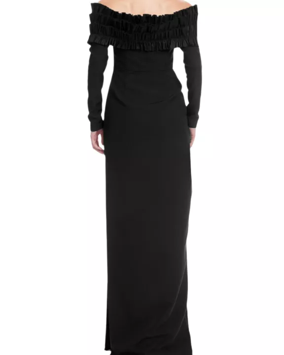 One 33 Social Off-The-Shoulder Neckline Long Sleeves Ruffle Bodice Back Zipper Black Sheath Gown Dress