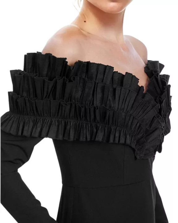 One 33 Social Off-The-Shoulder Neckline Long Sleeves Ruffle Bodice Back Zipper Black Sheath Gown Dress