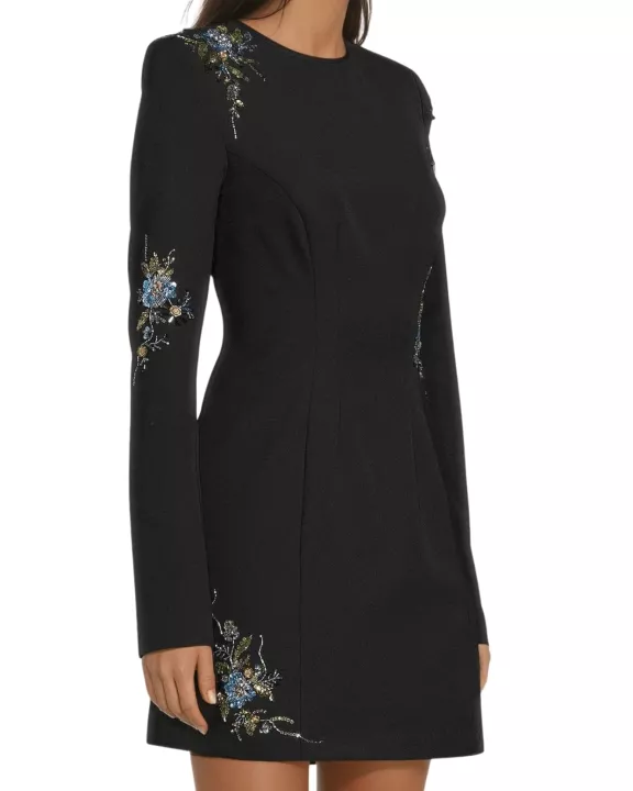 One 33 Social Camryn Crew Neckline Long Sleeves Embellished A-Line Black Mini Dress