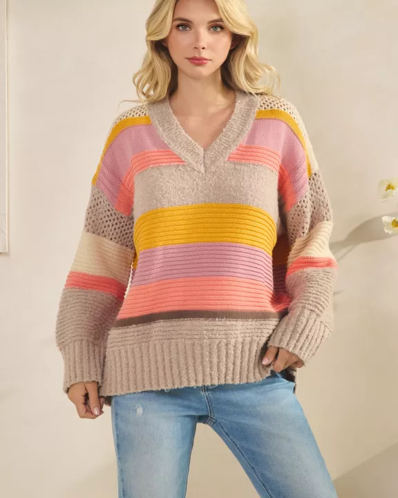 MULTI STRIPE V-NECK SWEATER