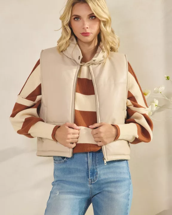 MOCK NECK AND CROPPED PUFFER PU LEATHER VEST