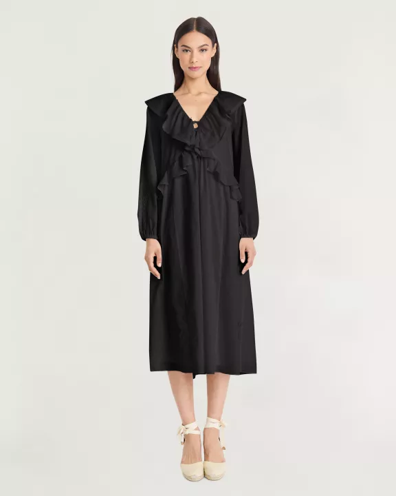 LONG SLEEVE V-NECK MAXI WITH RUFFLE DETAIL