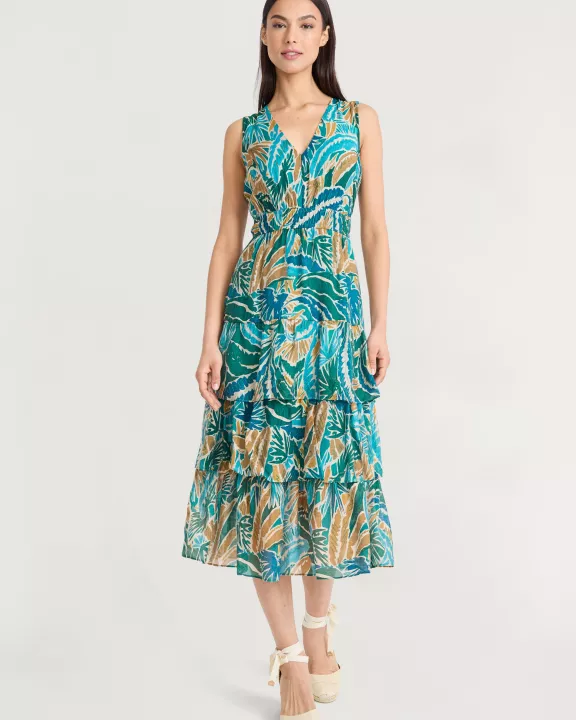 MIDI DRESS WITH RUFFLE SKIRT AND PUFF SLV